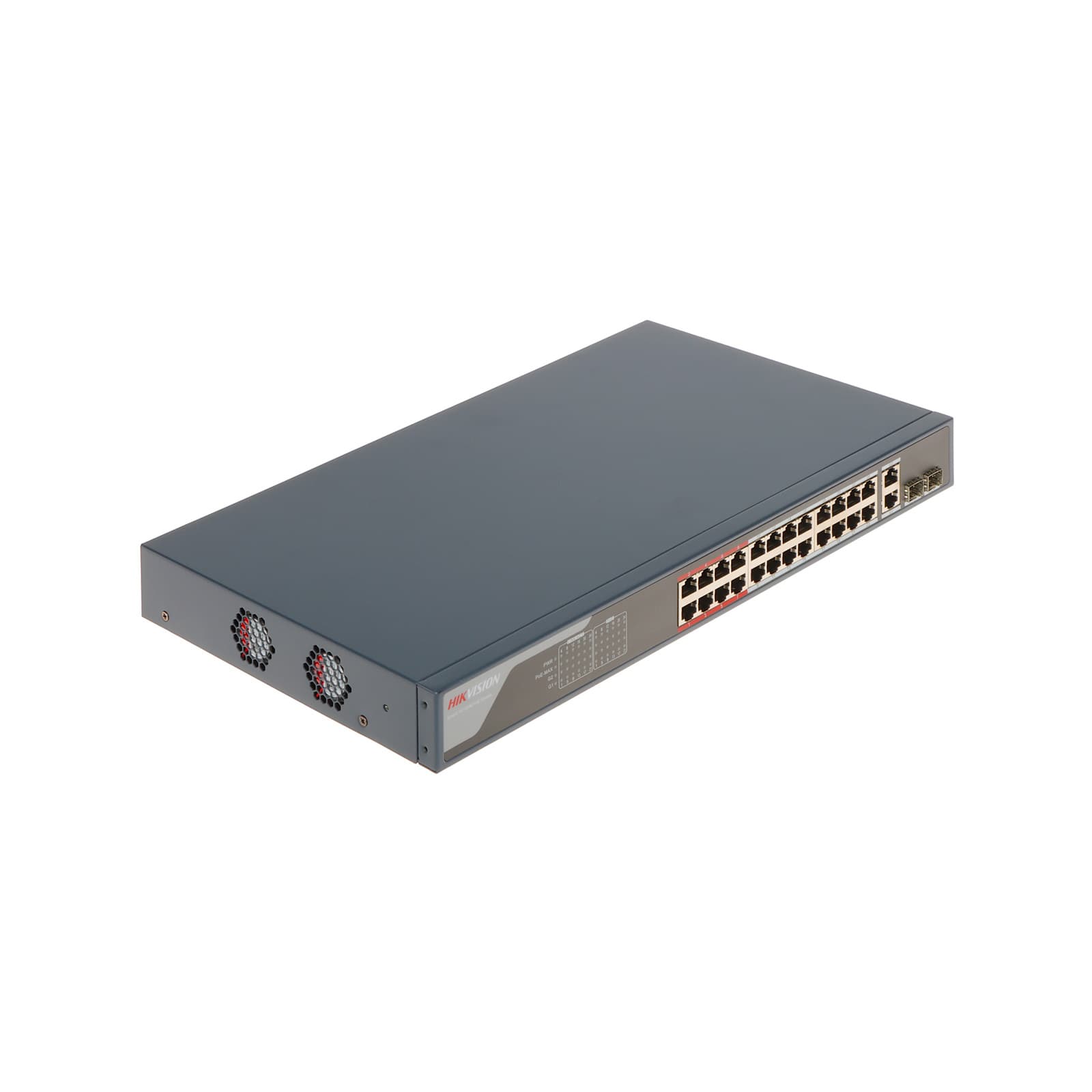 Hikvision L2  Smart Managed Switch  24 10/100M RJ45 PoE ports  2 Gigabit combo ports  802.3af/at  PoE power budget 370W  Max. 300 meter long distance PoE transmission