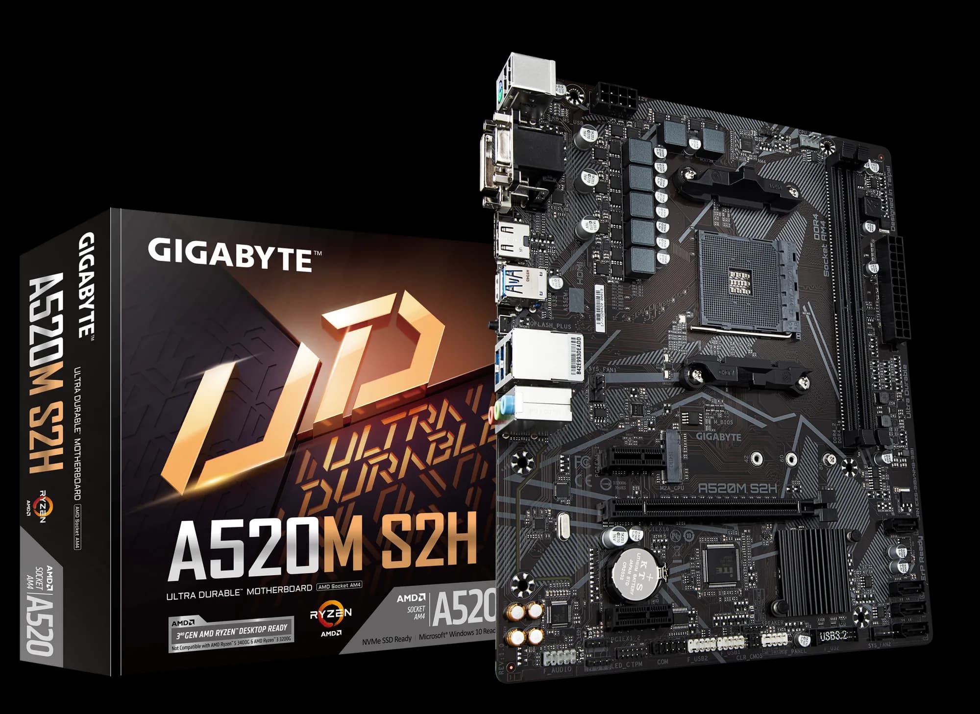 GIGABYTE Motherboard AMD A520M-S2H for 3rd/4th/5th Generation AMD Ryzen™ processors; 2x Dual DDR4; 1x M2; HDMI; DVI; VGA.