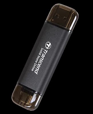 TRANSCEND 256 GB ESD310C USB3.2 TYPE A & C (USB 10Gbps) OTG COMPACT PORTABLE SSD - Read 1050MB/s Write 950 MB/s - Black